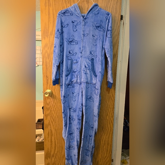 Adult Blue Hooded Onesie with Stitch Print - Picture 1 of 8